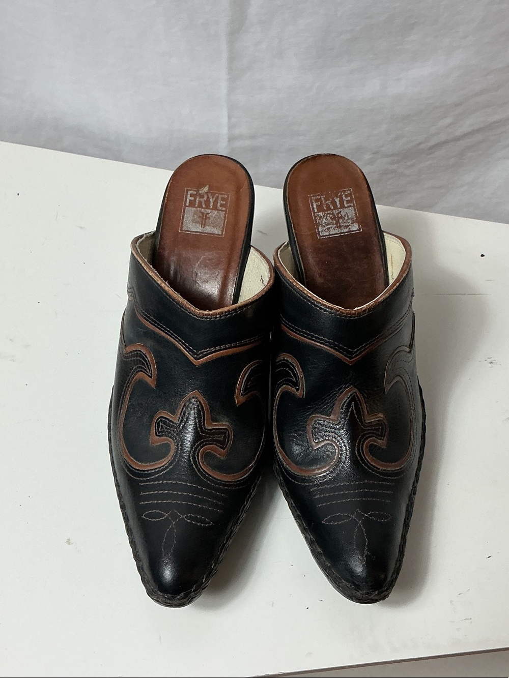 Frye Black Leather Western Mule Slides with Brown Trim
